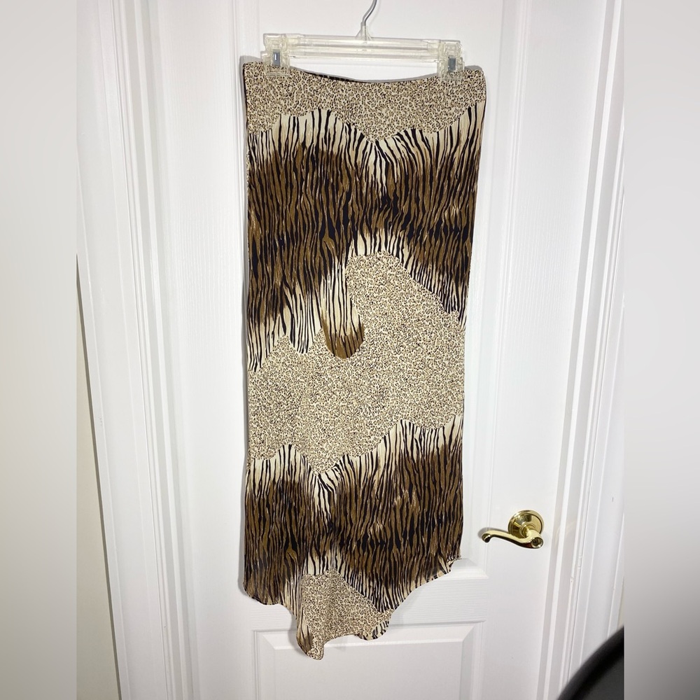 Y2K VTG Lapis USA MADE Animal Print Asymmetrical Fitted Skirt Brown Tan Medium